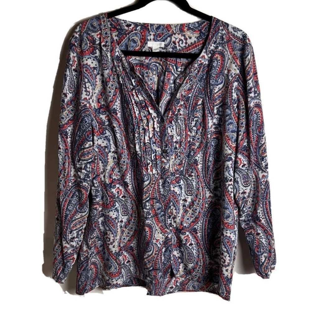 J. JILL Womens Button Up Blouse Sz L Blue Red Paisley Tencel Blend Long Sleeve